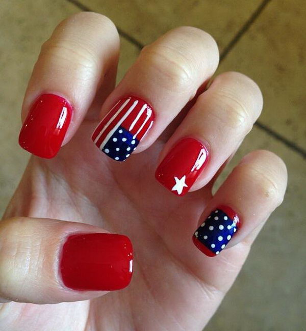  American Flag inspired Nail Art on Red Basecoats: To show your bloody pride, what is better color than red. Using a nail brush to add star, stripes and polka dots to the red base is the perfect way to keep your patriotism looking pretty! 