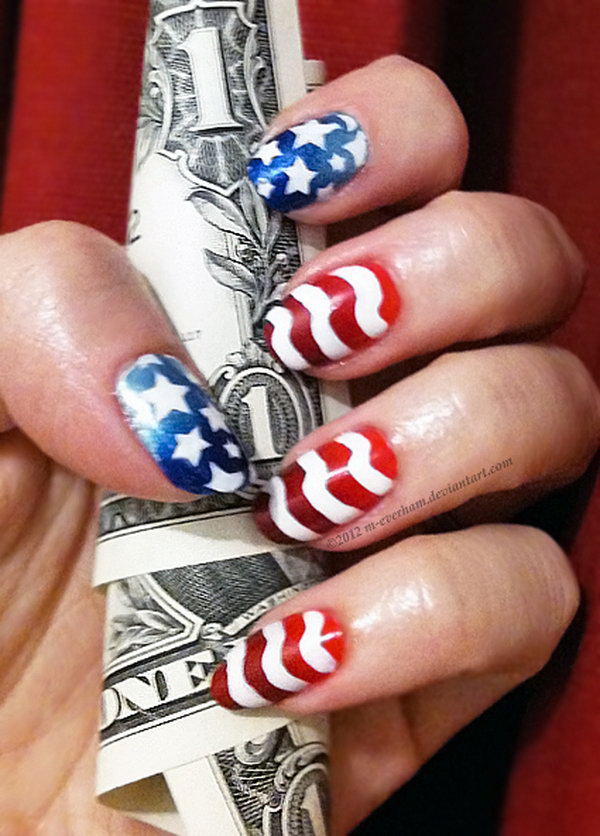 Patriotic Stars and Stripes Nail Art: Draw stenciled stars on blue gradient; freehand stripes on red gradient. The subtle gradient really boost the whole look. 