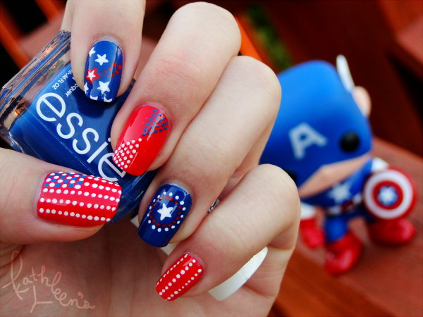  Captain America Inspired Nail: Many girls are big fans of the hero. This nail in honor of the country of freedom and Captain America On 4th of July has so many eye-catching details! I'm loving it! See more here.