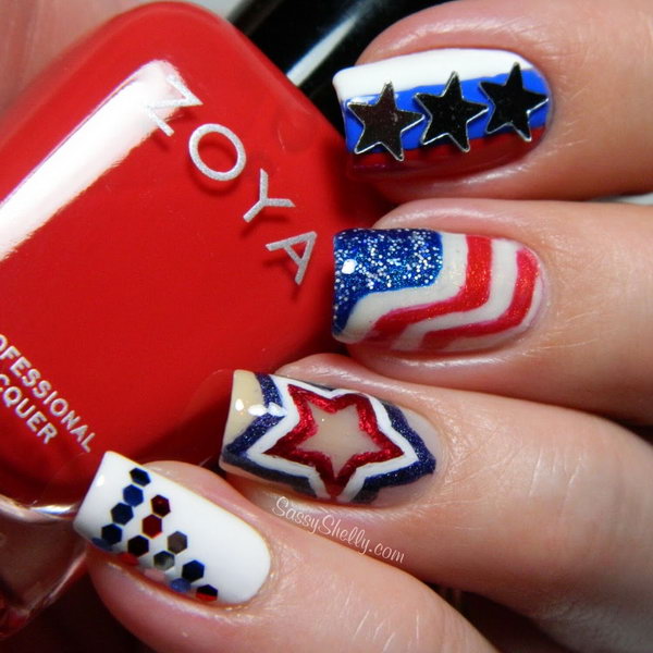 Patriotic All Accent American Flag Nails: Every single detail of this great nail is impressive. What gives this nail art a festive looking is the adding of some glitter polish, rhinestones, and some nails stamps. 