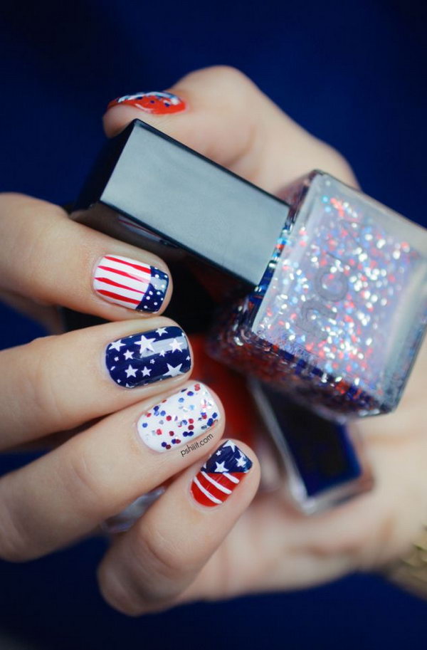American Flag Nail Art: If you would not make stripes on all of your nails, because it would be too much, and you want to make something that is a little funny. Please try this one. Have a look at the tutorial here.