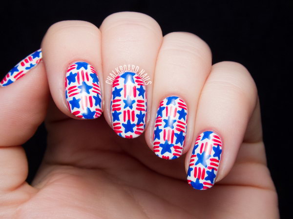 Stenciled Star Nail Art: This is such a cute and trendy design to show your USA pride in the patriotic color red-white-and-blue. See the tutorial here.