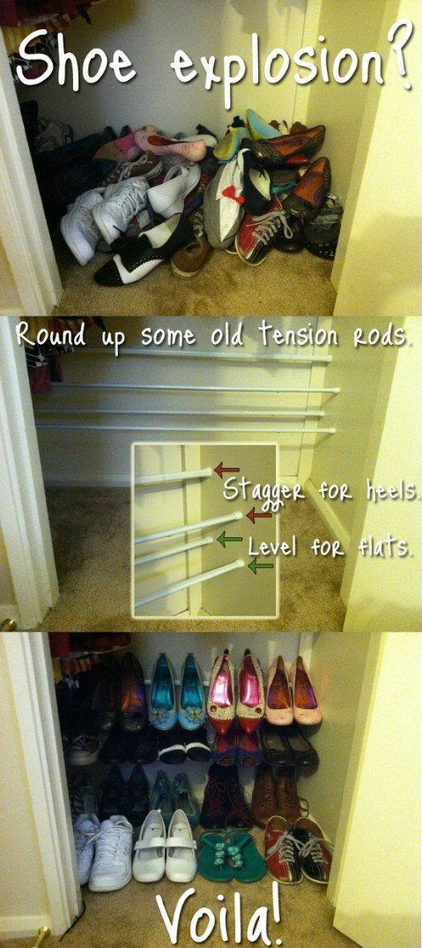  Organize Your Shoes With Tension Rods Rather than Throwing Them on the Floor