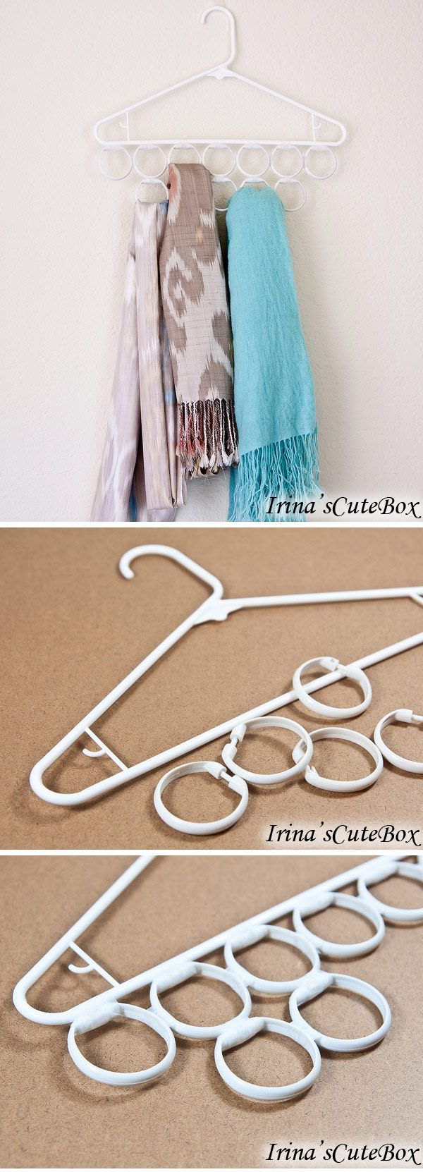 Inexpensive Scarves Holder Made out of a Hanger and Shower Curtain Rings