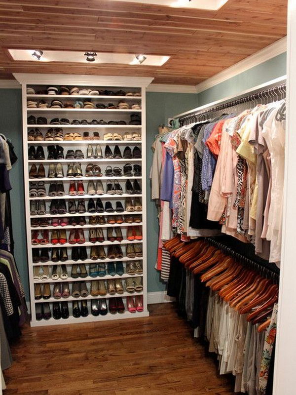 Use Bookcase as Shoe Storage inside a Small Walk in Closet