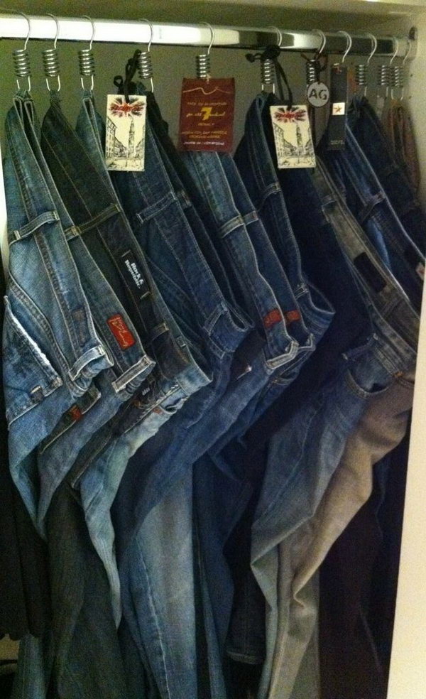 Hang Your Jeans on Shower Hooks from the Belt Loops