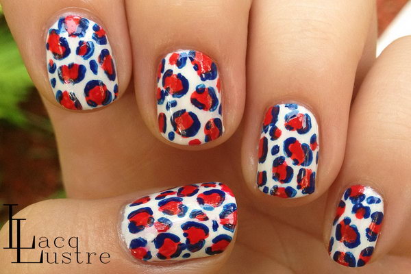 Patriotic Leopard Blue White and Red Nail Art