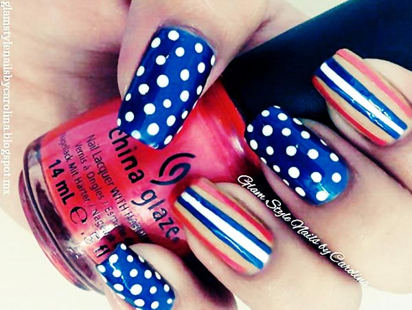 Patriotic Blue Red White Striped Dotted Nail Art