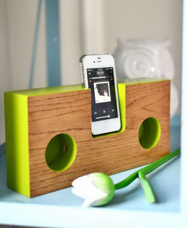 Wooden iPhone Speaker:  This easy to make wooden iPhone speaker acoustically amplifies the iPhone’s built-in speaker using hand-cut sound chambers, boosting your device’s volume up to four times—all without using electricity. See the tutorial 