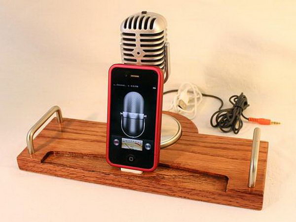 Handmade Docking Station with Retro Microphone for iPhone: This iPhone speaker which can be used as your iPhone stand and as charge docking station features an integrated retro microphone with silver coating to amplifying the music volume. 