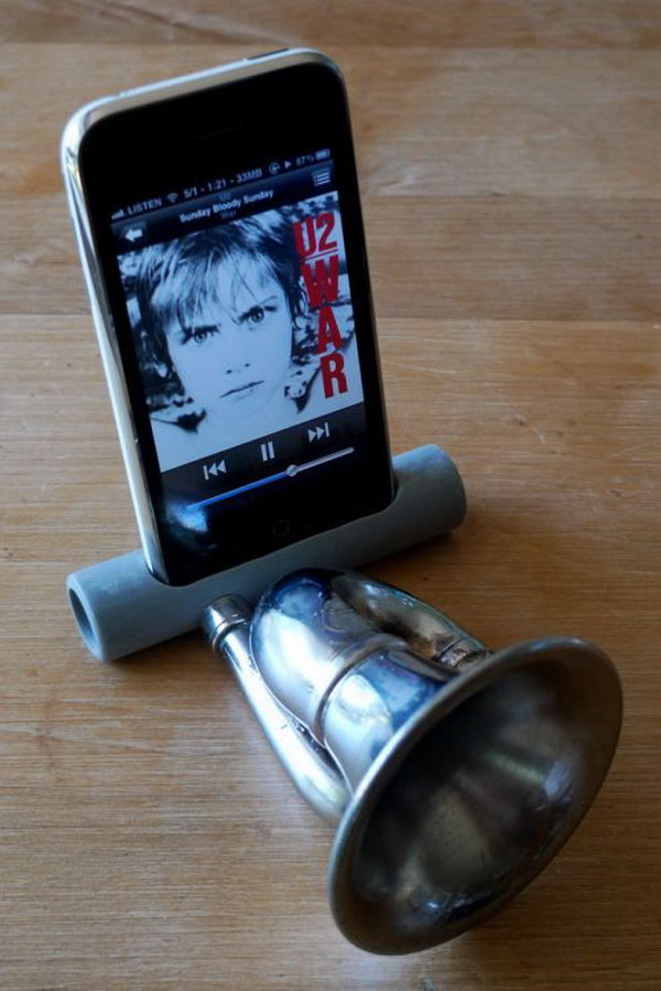 iPhone Speaker made out of PVC and an Old Bike Horn: To make one is very easy if you have an old bike horn. You’d be surprised how much sound you get from this little guy, which makes it the perfect noise machine for your iPhone.  