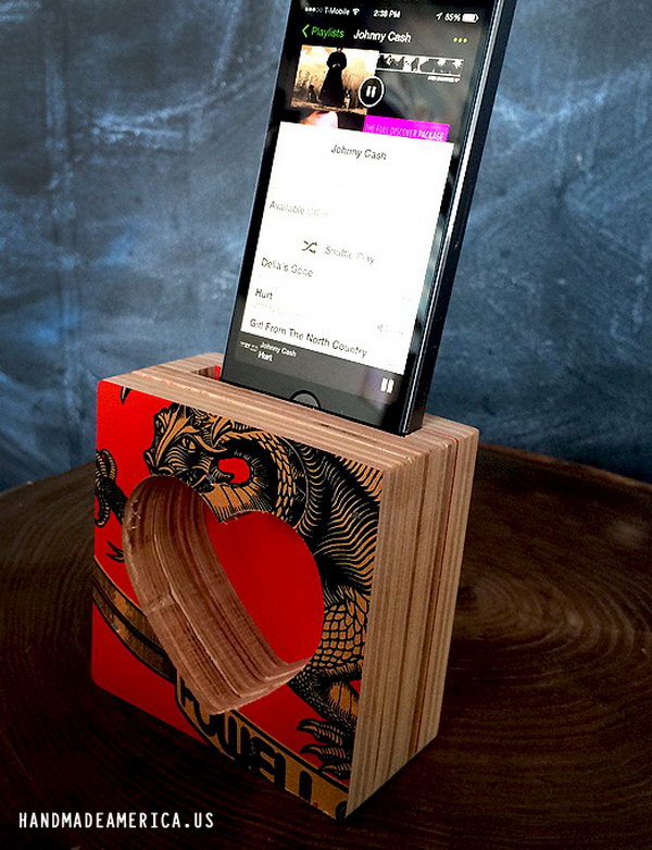 Skateboard Deck iPhone Speaker: Cut your old skateboard decks into a few pieces and then adhered them together to create a sound chamber. Finish it by creating a slit at the top to slip your iPhone into. And you’ll get the coolest custom made iphone speaker. See more details 