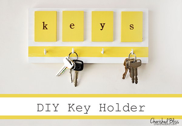 Simple Bright Key Holder. The color combination of bright yellow and white adds more warmth and comfy to this piece of wall. Not only a useful key holder but also a beautiful addition to home decor. See directions   