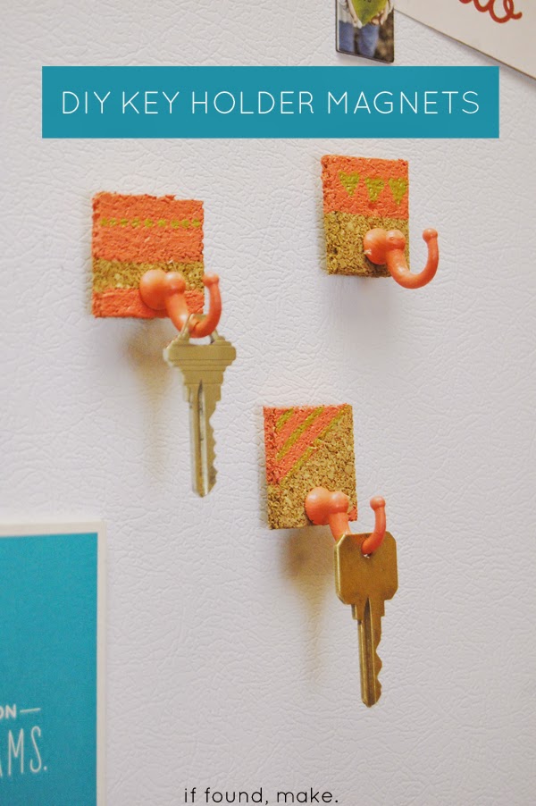 Fridge Magnet Key Holder.  Glue and glue gun, magnets, flexible cork, masking tape, paint, and key hooks are all you need to create this project.  Check out for more instructions 