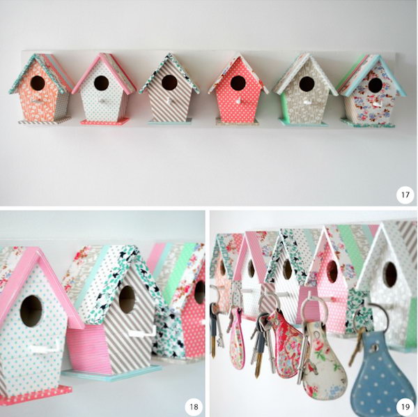 Unusual Bird House Key Holder. If you want to add more girl touch to you key holder, you are right here. This key holder looks so pretty colored with a sweet touch. The bird houses are covered in masking tape with various patterns and colors.  It looks great near the front door. Get tutorials 