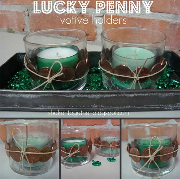 Lucky Penny Votive Holders. Adhere the bright and shiny pennies around your votive holders with hot glue to add more style to your plain votive holder. See more 