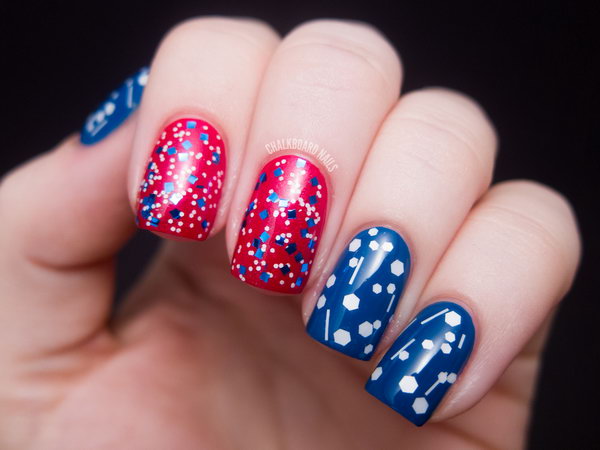  America the Glittery Nail Art: This patriotic red, white, and blue nail art is very easy to recreate. And it speaks perfectly to the upcoming particular American holiday of ours. What's more, I love that it'll be just as cute when the holiday is over. See the tutorial here.