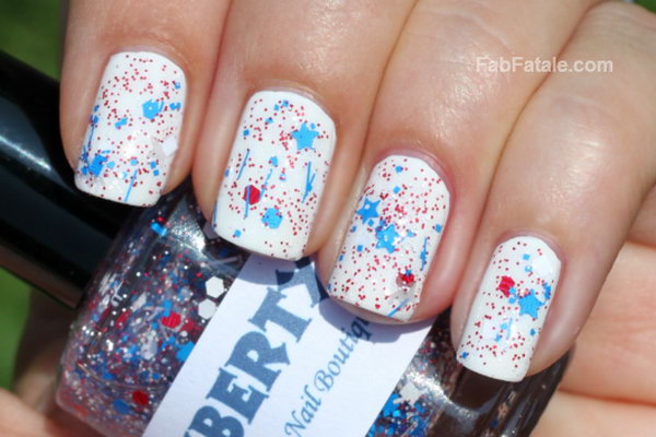  Simple but Fun Patriotic Nails: Add glitter and stars to the white base coat and you can get what is different. And this manicure will be just as cute when the holiday is over. See the tutorial here. 