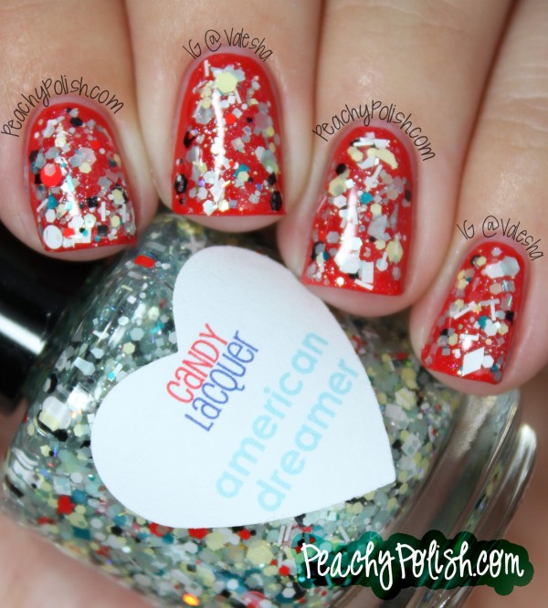 4th of July Candy Lacquer Nail Design: Skip the polish details entirely and go for glitter. This very fancy manicure is very easy to recreate. See the tutorial here.
