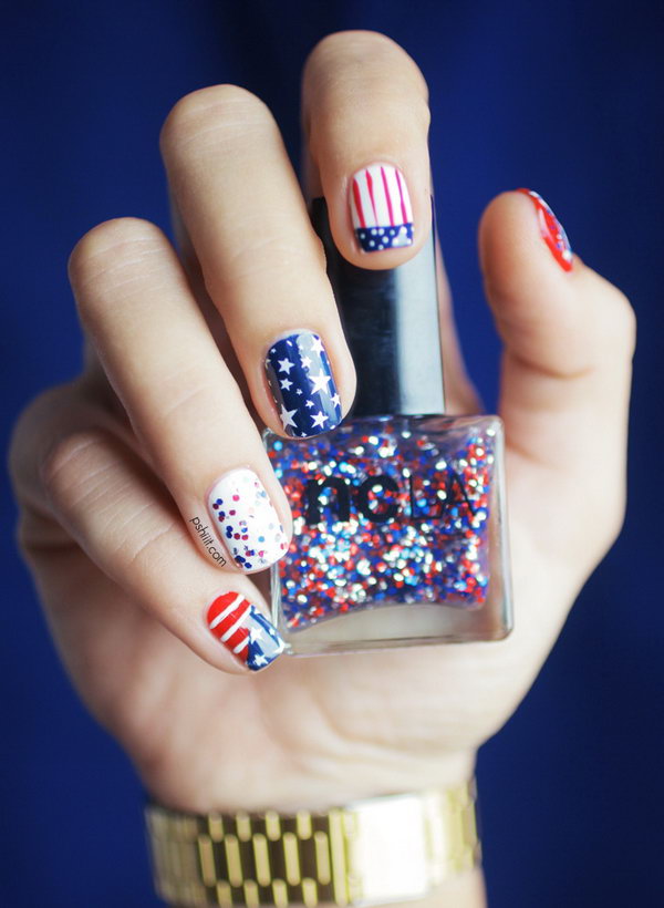 4th of July Stars Stripes and Sequins Nail Art: Do something different on some of your nails, while leaving the rest of the nails for the flag stars and stripes. See the tutorial here.