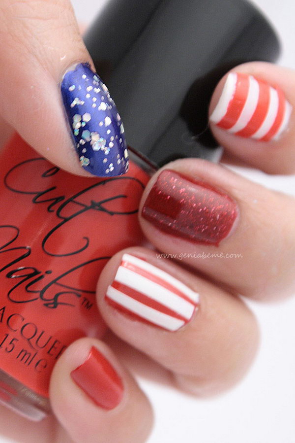 Patriotic Red, White, Blue and Sparkly Nails: Every single nail is different features a more subtle approach. See the tutorial here.