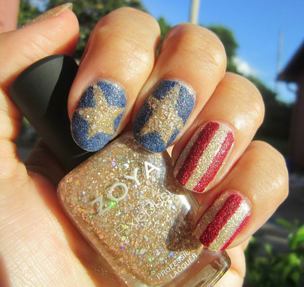 Patriotic Glitter Stars and Stripes Nail Art: Stars and stripes nail art accented with sparkle and perfect for the Independence Day. See the tutorial here.