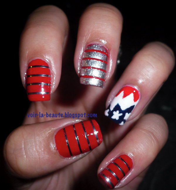 Patriotic Glitter Nail Design Accented with Sparkle Stripes: If you feel like this patriotic tape manicure, please head over to see the tutorial here.