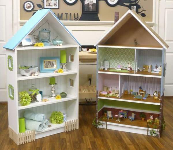 DIY Dollhouse with  BILLY Bookcase.  By adding a roof, chimney, wooden details, paint, fences, walls and even windows, the Billy Bookcase becomes a chic dollhouse for your little one. Learn how to make it 
