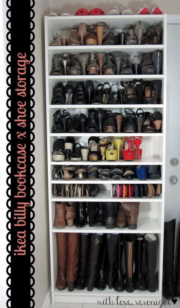 Clever Shoe Storage with IKEA BILLY Bookcase. Get a more shoe storage by adding some BILLY extra shelves to the simple bookcase. Check out more instructions 
