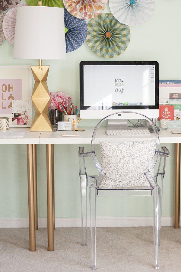 Leggy Gold Desk. Gold is always related to luxury and power. With some spray paint of gold, this simple IKEA desk got a metallic overhaul, providing the workplace with a cohesive look. See more details 