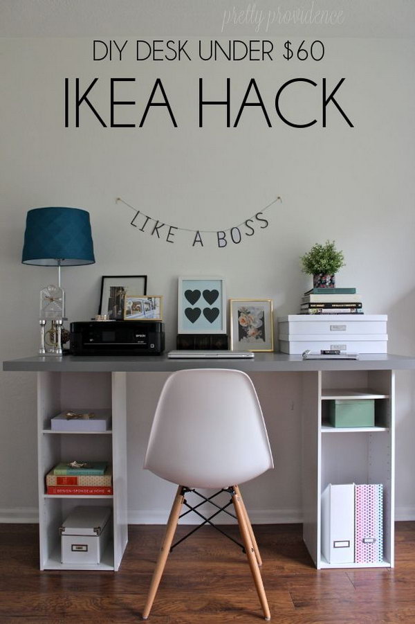 DIY IKEA Hack Desk Under $60. Get two small bookshelves from Target ($18 each) and a big butcher block desk top or a counter top from IKEA, then you can create this unique, functional and decorative desk for your home. Read all about it at this very creative blog