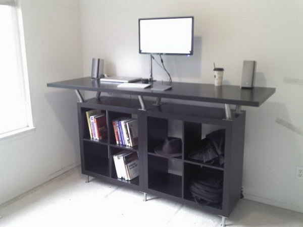 Ikea Standing Desk. Have you considered having such a standing computer desk in your office without breaking your bank? Get some inspiration from this IKEA hack. It just requires an EXPEDIT storage system, CAPITA legs, and a VIKA AMON table top. See more details and the directions 