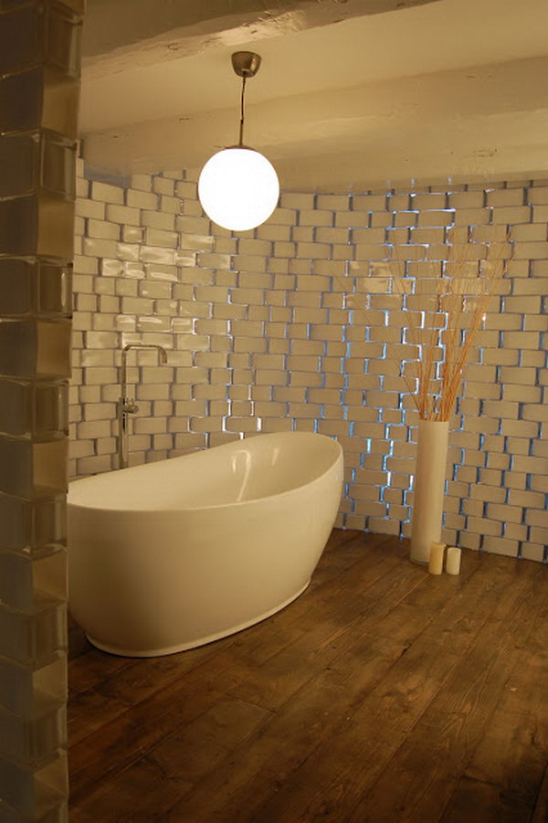 Translucent Rounded Bathroom Wall Made from IKEA Rectangel Vases. 