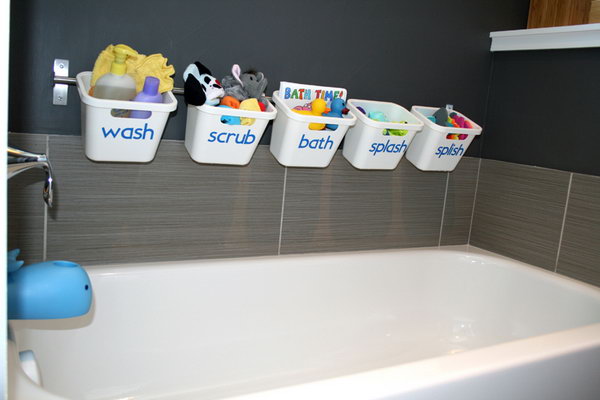 Bath Toy Storage Made from the Ikea Grundtal Rail and the Rationell Waste Sorting Bins.