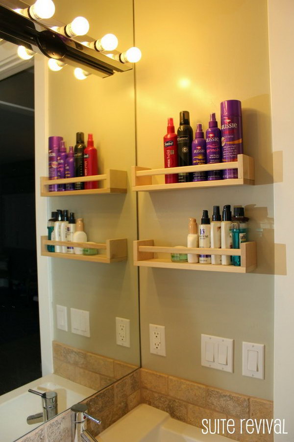 Using Toiletry Spice Racks to Store Hair products, lotions, etc in the Bathroom. 
