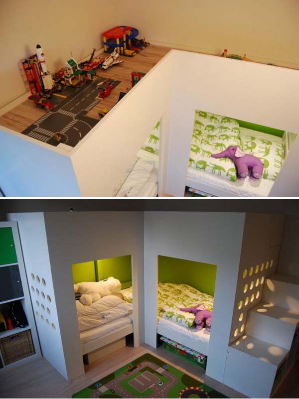 IKEA Mydal Loftbed with Play Area: With 2 Mydal loftbeds, 1 trofast storage combination, 1 or 2 Kusiner box storage, the parents made a bed for two boys where they could both sleep downstairs and thus have a playground on top. See more instructions 