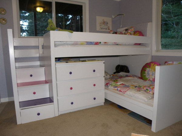 Malm Toddler Bed under Malm-inspired Bunk: This bunk bed was made with two used Malm beds, and a used Malm dresser. I appreciated that it was so beautifully made with so much storage and the drawers stairs are perfect for kids who love climbing. See the details   