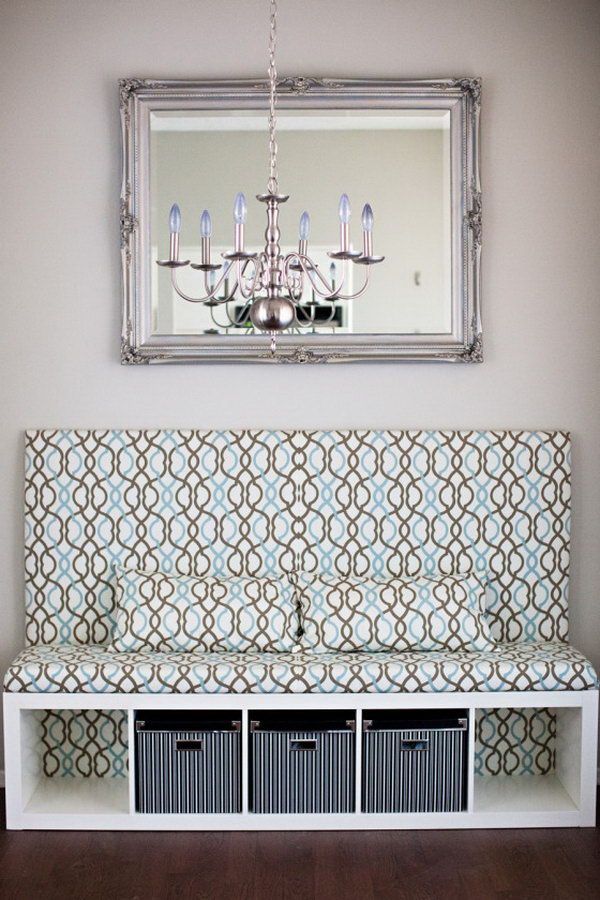 DIY Banquette Seat IKEA Hack. Look how perfect the cubbies are for storage boxes under the DIY banquette seat hacked from IKEA shelving units! Get more inspiration 