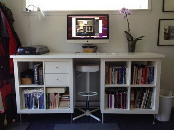 IKEA Kallax to DIY Standing Desk. This cute and functional DIY standing desk is perfect for a small space. You can check out to see how to make it  