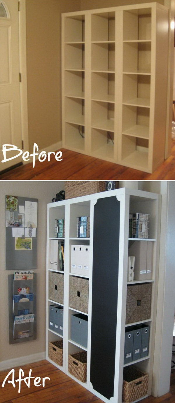 DIY Command Center with Storage and Chalkboard. This creative project starts with three shelving units from IKEA. Adding some chalkboard paint and you can get this particularly awesome, beautiful and creative command center. See more detailed instructions 