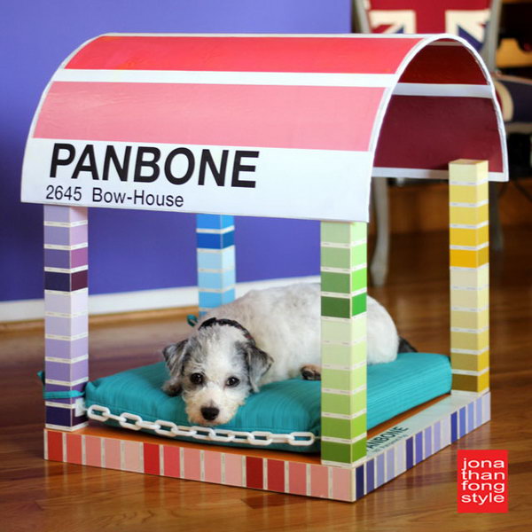 Paint Chip Dog Bed. We can see potential projects from the different angle. Look at this adorable and interesting one. Just turning an IKEA LACK table upside down, adding a half sonotube as the canopy of the dog bed and decorating with some plastic chains and beautiful paper, a clever and colorful four-poster paint chip dog bed is born. Your beloved pet will love it very much. Check the step-by-step tutorial 