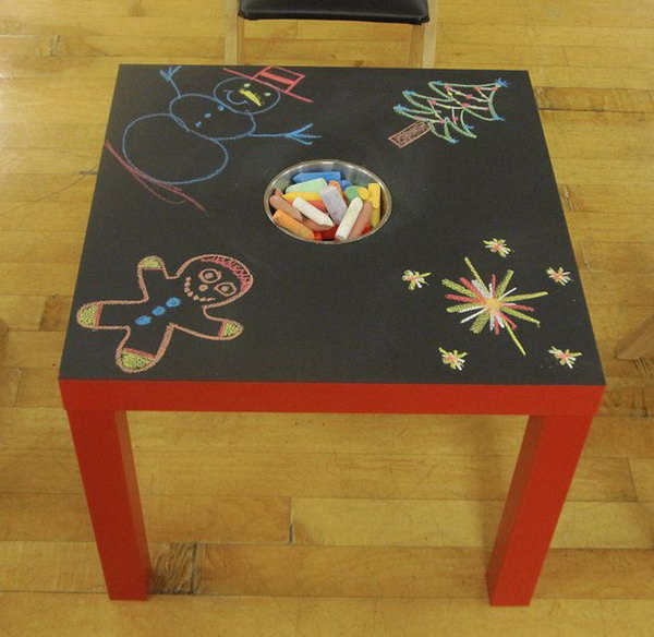 DIY Chalkboard Table for Kids. The chalkboard table on sale is very expensive. Here is an creative idea about how to DIY a cheap and easy chalkboard table with IKEA LACK table. I love the design of the chalk storage in the middle of the table. For this project, I didn't find the detailed tutorial, but I think it is very easy and you can make according to the picture. 