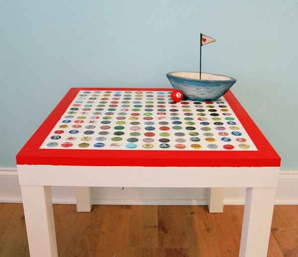 DIY Cheap and Chic Bottlecap Table. A creative and genius idea to style your LACK table from IKEA using the bottlecaps in different patterns. This DIY is more labor intensive, but it is worth the time and is really a blast to make. Get the full tutorials  