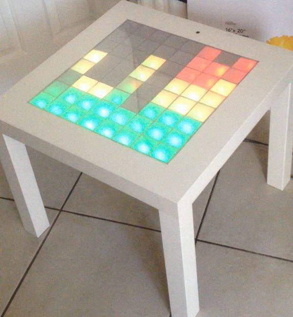 IKEA Hack Music Visualizer Table.  With little imagination, we can have the coolest  music visualizer table  with a simple IKEA LACK table and some LED lights. When music is played near it, it  will light up. Do you want to own one? Check here for the full tutorials. But you should know know ahead that this project is really labor intensive. But it turns out to be very fabulous.