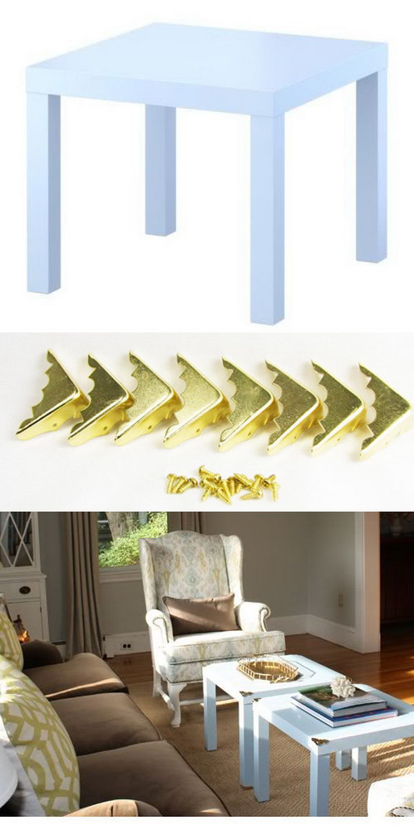 DIY Campaign Style Side Tables. These simple gold brass corners give this simple table a campaign style and make it look expensive and gorgeous in the living room. Yes? But you should choose the right color of the table that matches the whole style of the rest furniture in your room. You know this will be the easiest way to customize your LACK table. You can get the full directions  