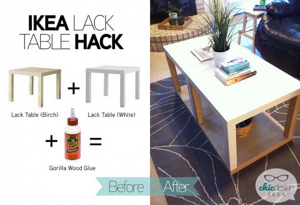 Ikea Table Hack with More Storage. You can easily turn two simple IKEA LACK tables together into a bigger one with more storage. When you want to clear the top out, you can put the stuffs under the bottom shelf. Get more details 