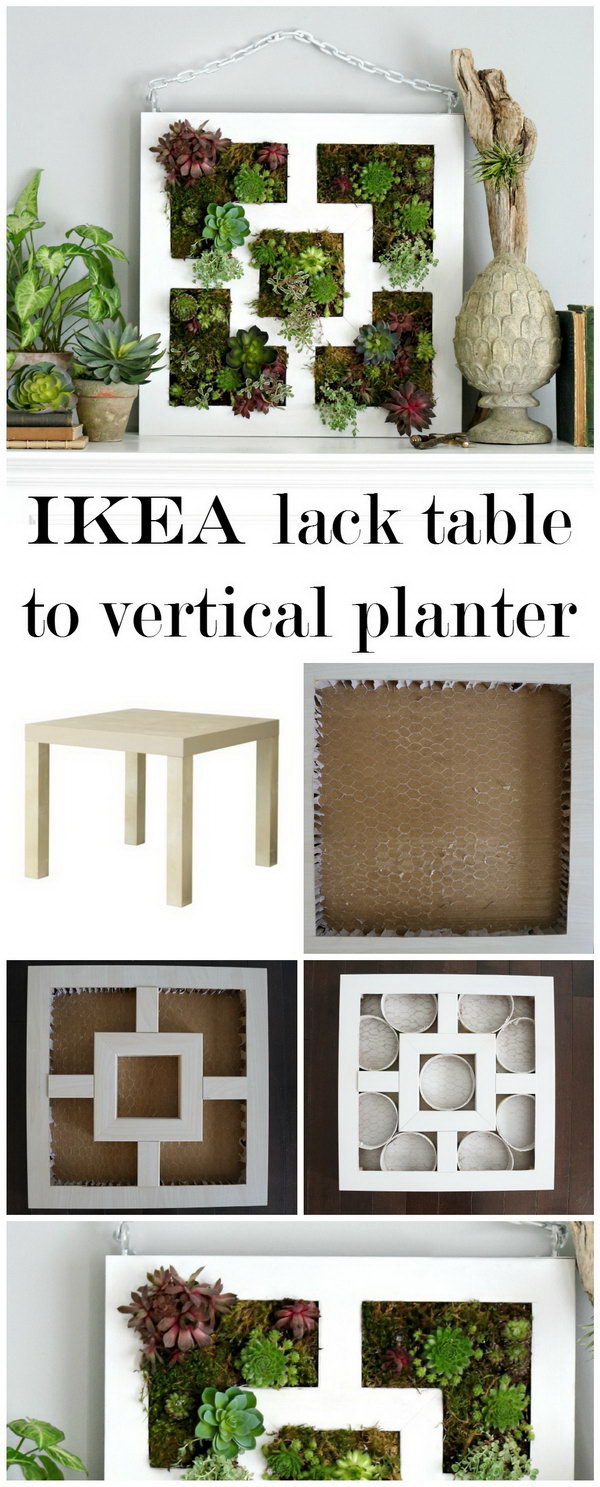 Vertical Succulent Garden Planter. Using the tabletop of an IKEA Lack table to create this lovely succulent planter. It will be a perfect decor of your garden whether hang it or lay it flat on a patio table. See how to do it 