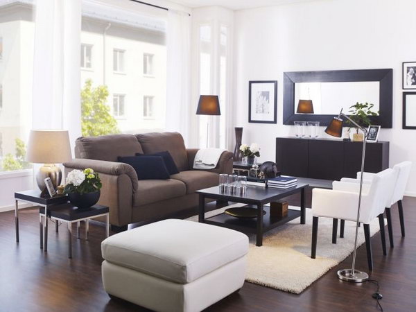 With distinctive frames and shapes, mirrors can really enhance your décor. Larger wall mirrors, or smaller ones grouped together, make this living room look brighter and bigger.