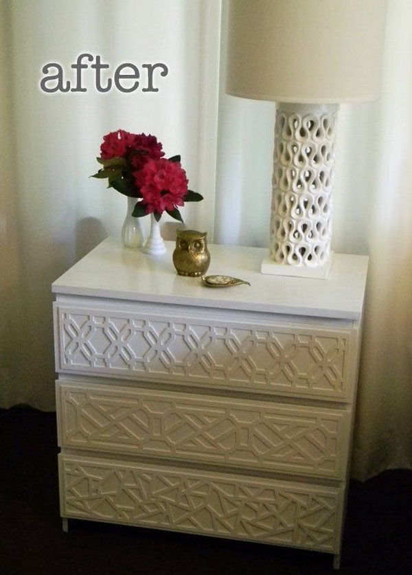 IKEA Rast Makeover with O'verlays. O'verlays are decorative fretwork pieces made of a semi-rigid composite material that you can use to adorn basic furniture pieces. This transformation was achieved by adding an intriguing new product called O'verlays to an Ikea Rast.