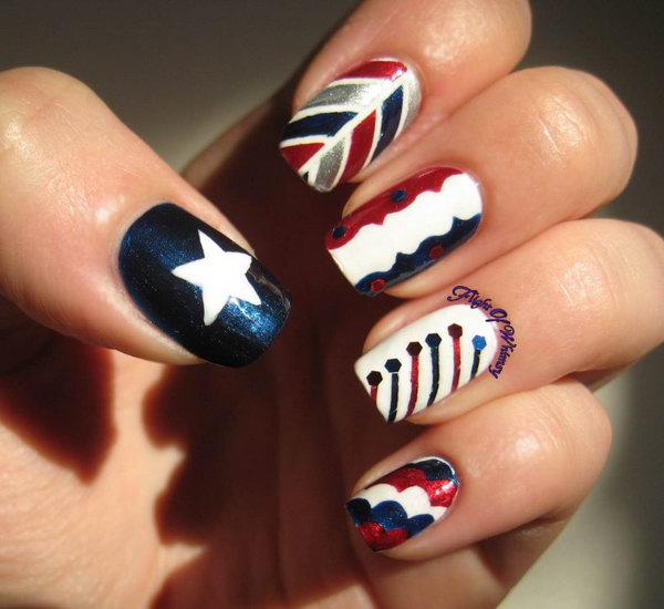 Different Patterns: This different nail design takes on the fireworks, stars and stripes is a bold way to pay homage to the land of the free. But it's fancy enough to make you look good. See the tutorial